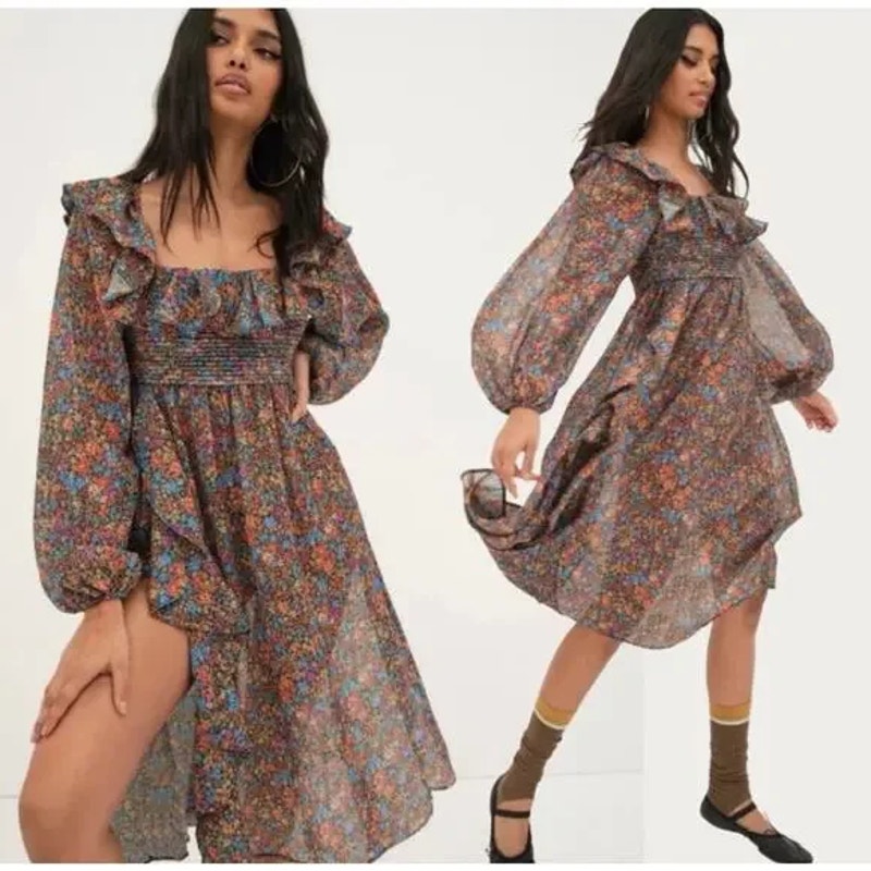Nwt For Love And Lemons Brittany Floral Midi Dress Medium